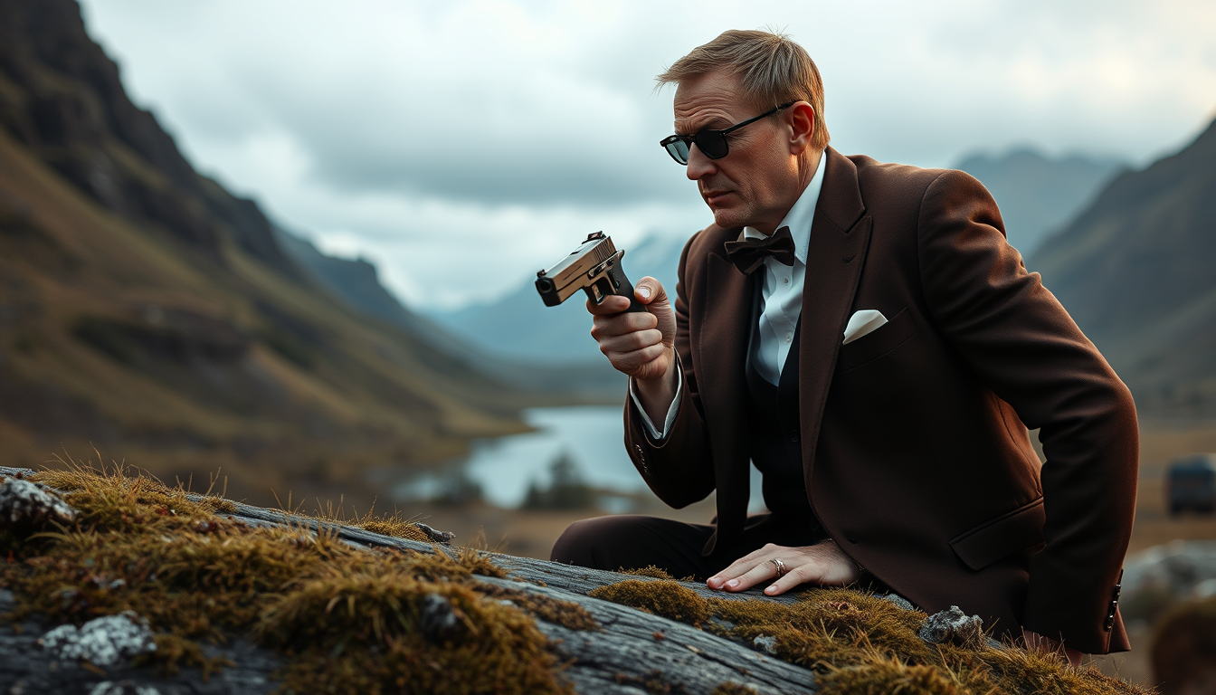 Main art studio: Lav et billede af Roger moores Bond - han skal have brun blazer og sorte bukser på og stå på en sten omringet af krokodiller