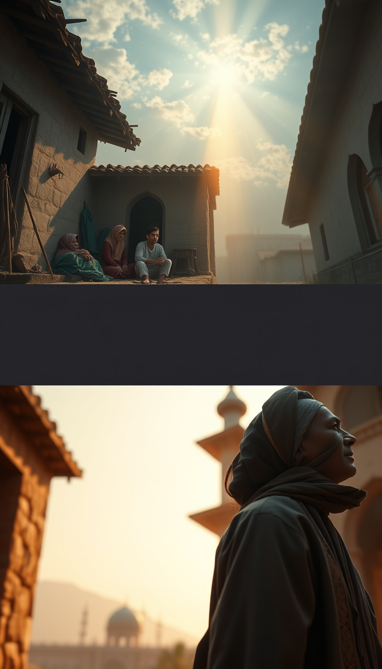 Main art studio: Cinematic Islamic scene showing two contrasting lives: a humble poor family in a simple home and a wealthy person in a beautiful luxurious house. Both