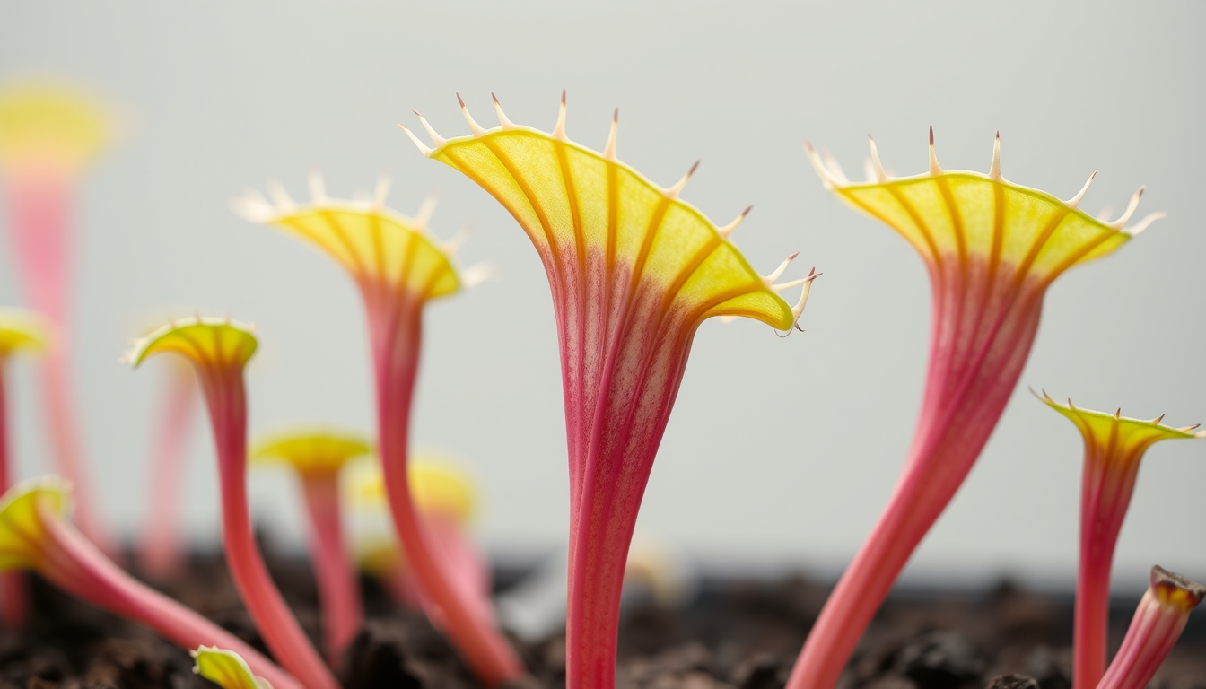 Main art studio: venus flytraps but bigger and are flatter and have a long and slim stem and are green with a pink hue