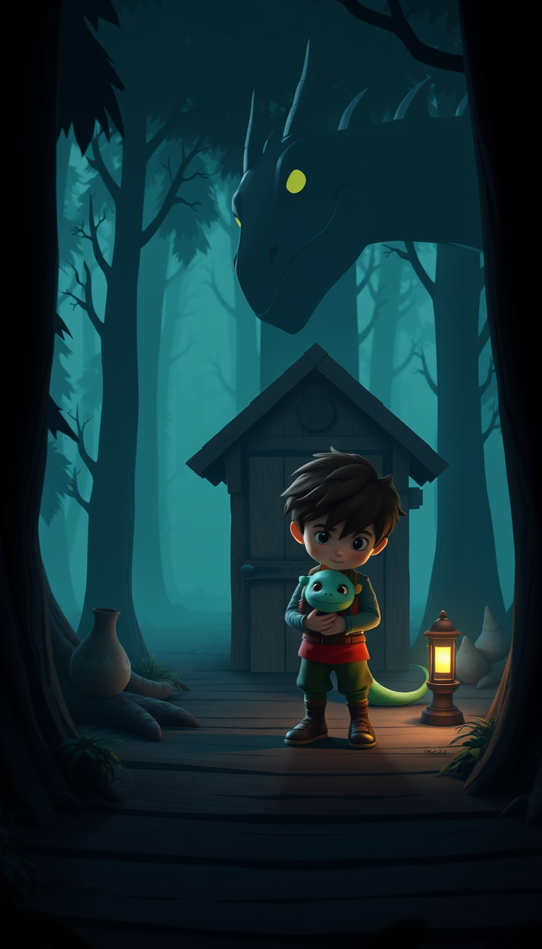 Characters idea: an original character defined by silhouette, role, outfit, palette, and expression, deliberate composition, 3D cartoon animation. The boy reaches a sm
