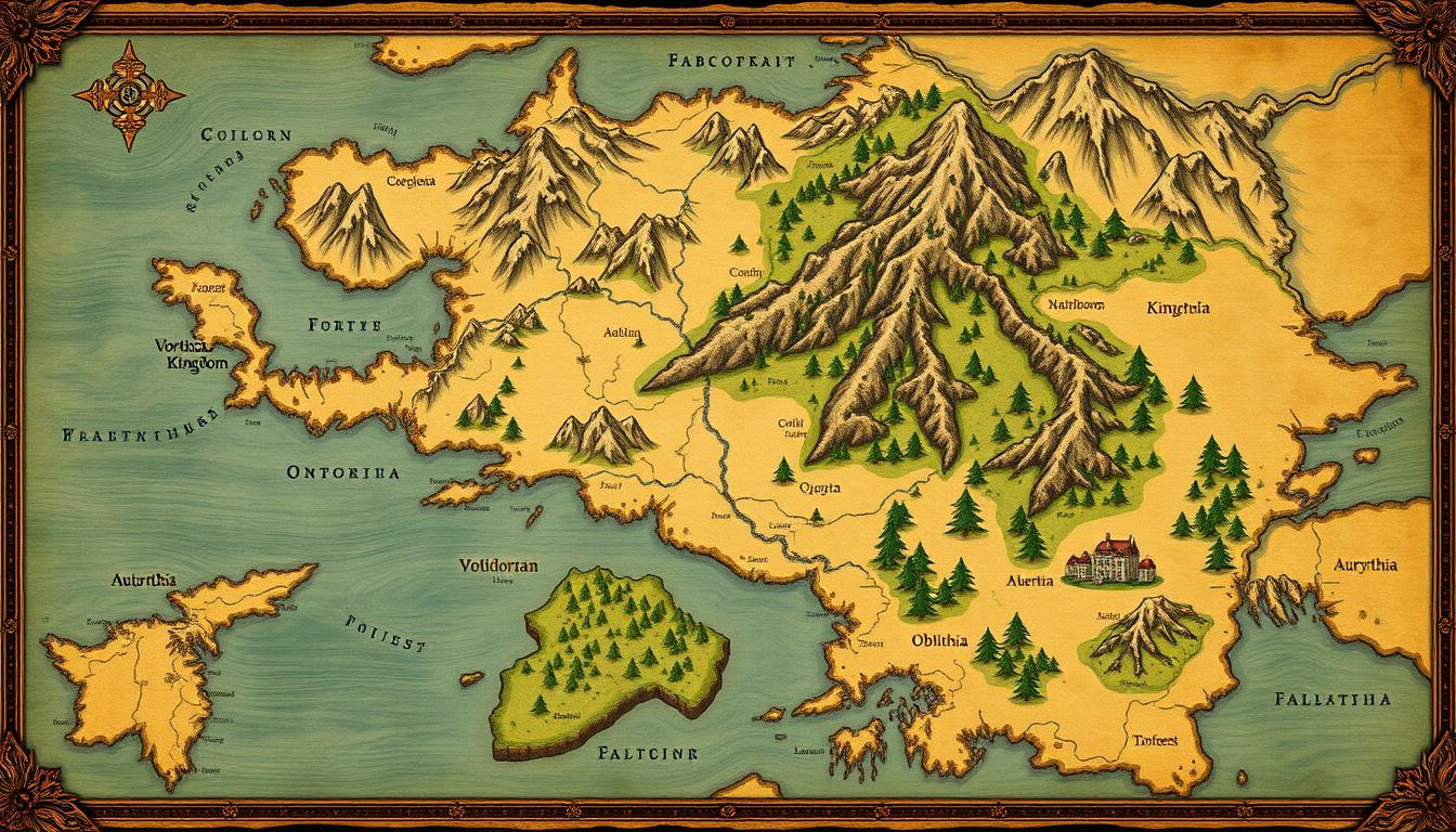 Fantasy Maps idea: fantasy world map, hand-drawn cartography, aged parchment, mountains forests and coastlines, Large continent with many rivers and lakes, large mountai