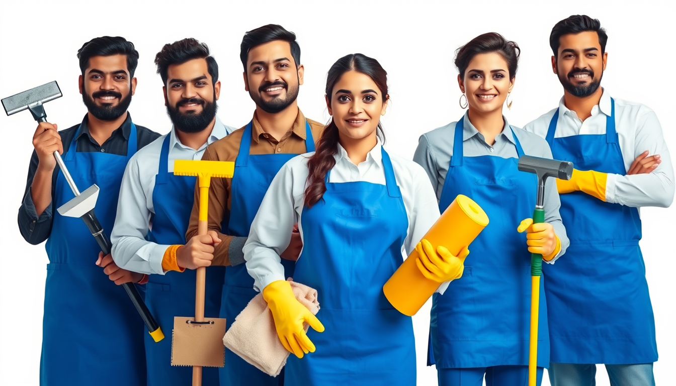 AI Art prompt example created from the prompt: size 2560 by 1194 A team of Pakistani professional cleaners, men and women with realistic Pakistani facial features, wearing blue aprons and