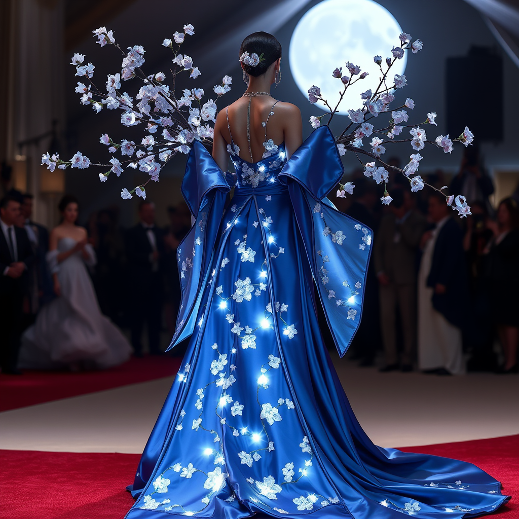 Main art studio: Avant-garde Met Gala fashion, futuristic Japanese-inspired gown with glowing silver sakura branches, midnight blue silk, illuminated crystal blossoms,