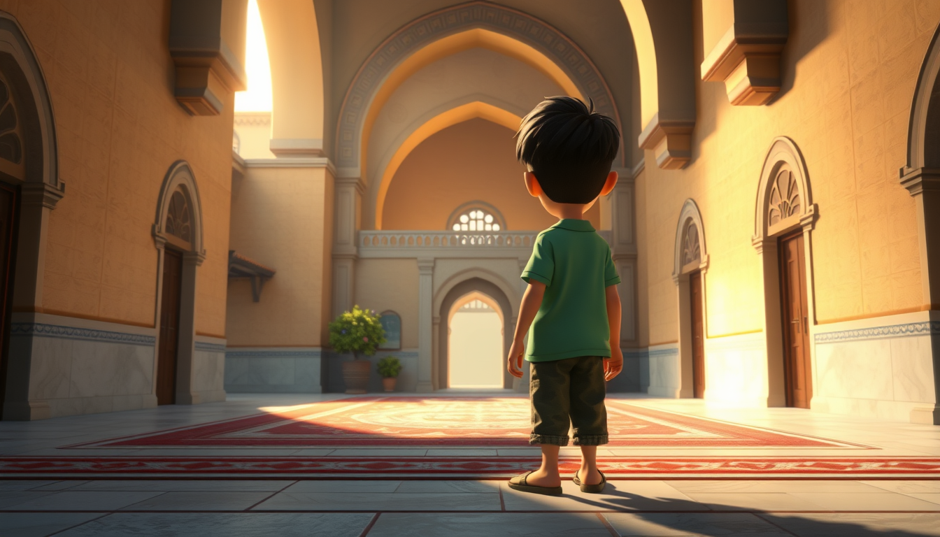 Main art studio: The same boy entering the beautiful village mosque courtyard, removing his sandals respectfully, peaceful atmosphere, soft sunlight, 3D animated carto