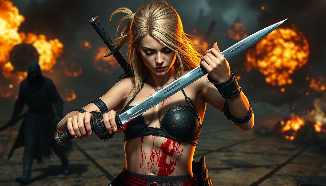 Main art studio: Game like stylised realism graphics A hot white russian warrior girl wearing black bra and warrior lower dress fighting She gets stabbed Her eyes clos