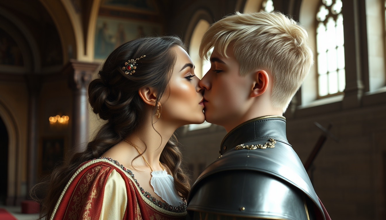 Main art studio: A Queen with tan skin, Brown hair and Brown eyes. A guard with short light blonde hair, light green eyes and pale skin. They are kissing in a hall in 