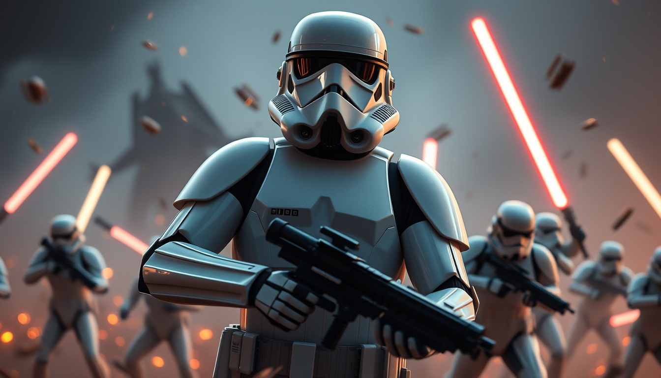 Main art studio: Make an image of a stormtrooper in the middle of a battle