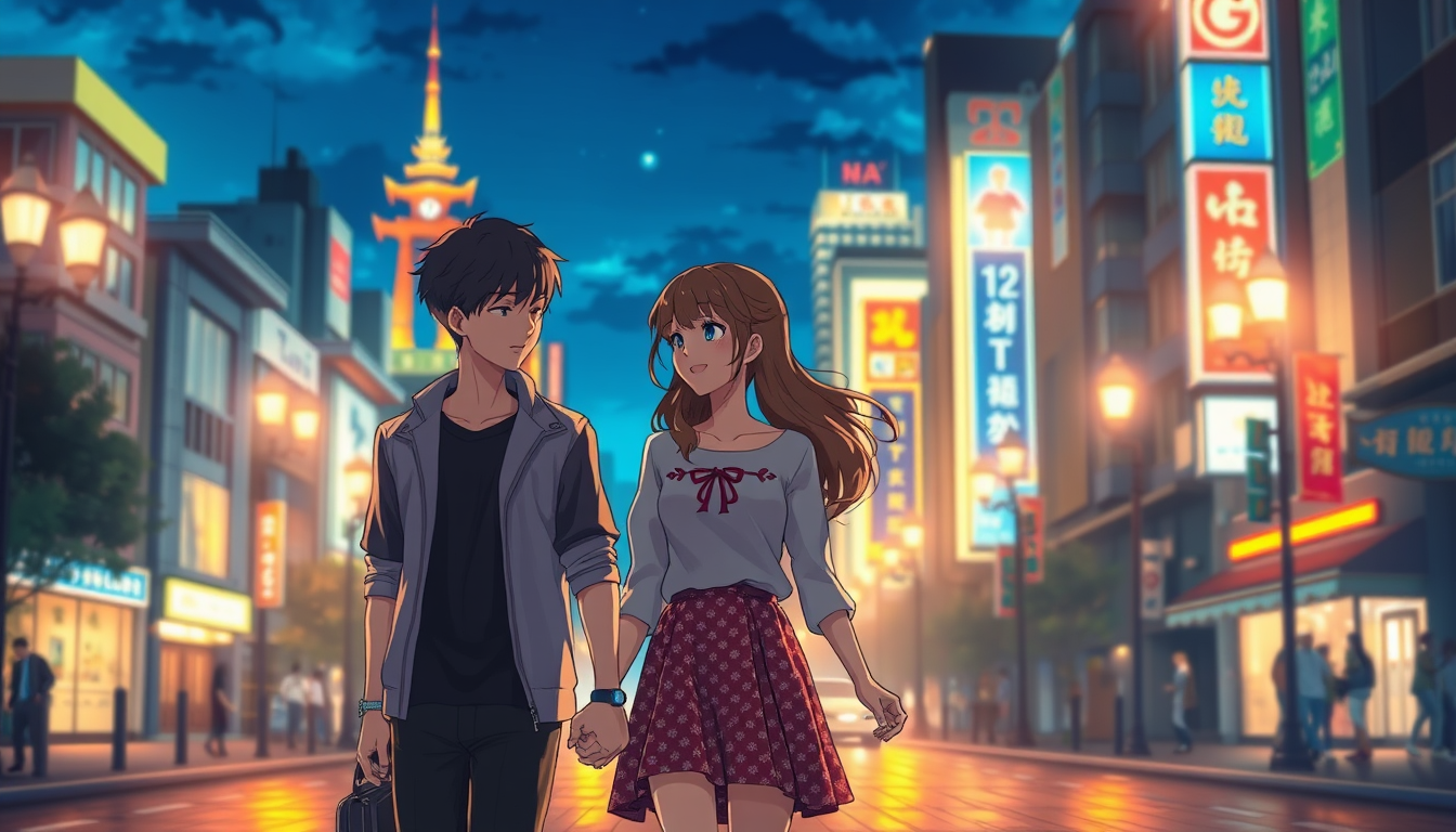 AI Art prompt example created from the prompt: The same young couple walking together through a beautiful city at night, holding hands and smiling, warm lights surrounding them, romantic