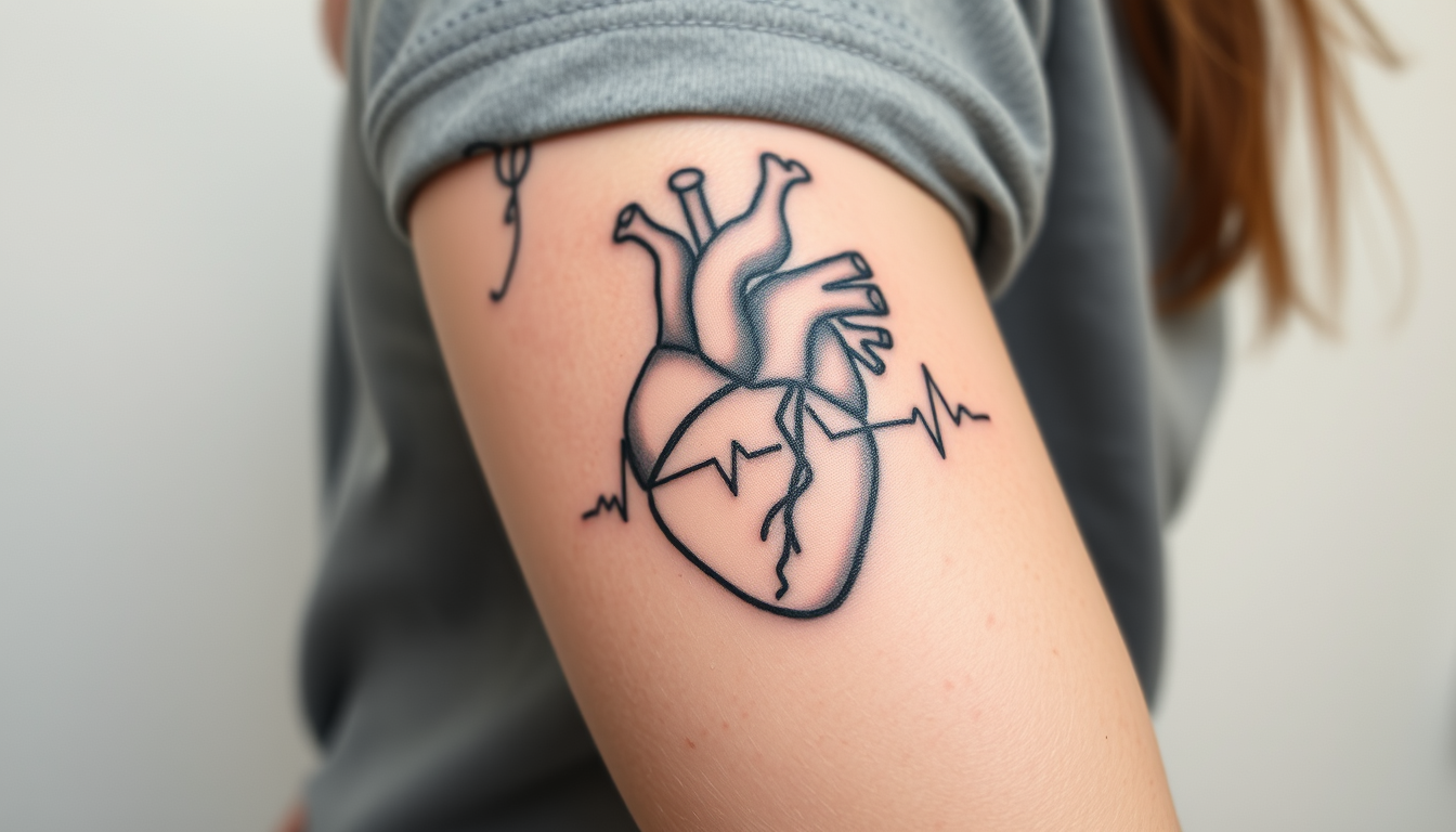 AI Art prompt example created from the prompt: EIn Tattoo für Mediziner Ärtze mit der Molekülstrucktur von ATP im Hintergrund und ein Anatomisches Herz mit EKG linie Vordergrund in klein 