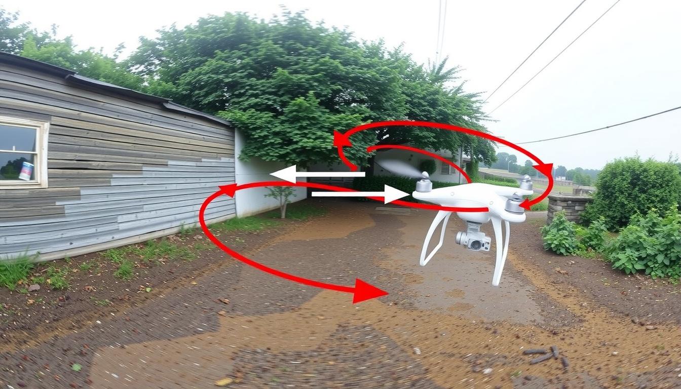 Main art studio: Use the attached image as the starting frame. The red line represents the drone flight waypoints and trajectory only, while the white arrows represent