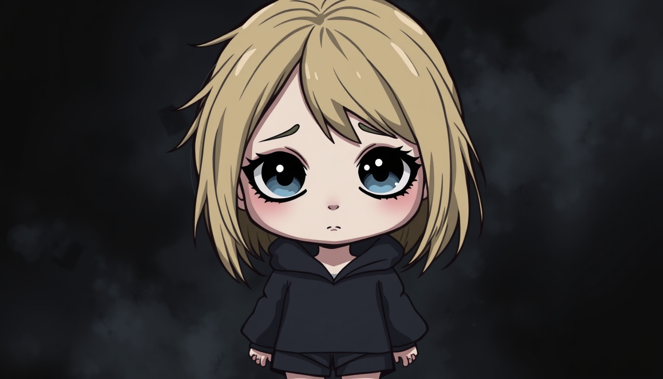 AI Art prompt example created from the prompt: Dark Cute, Gothic Cutecore, Chibi Gothic, Tim Burton-inspired pop surrealism, semi-realistic 2D horror game character, teenage daughter Mia,