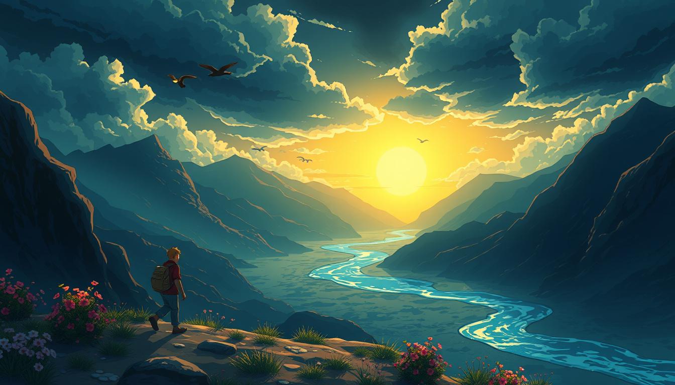 Main art studio: Create a heartwarming 2D anime in Studio Ghibli style. A lonely traveler walks through dark storms, mountains, and endless deserts, carrying the weigh