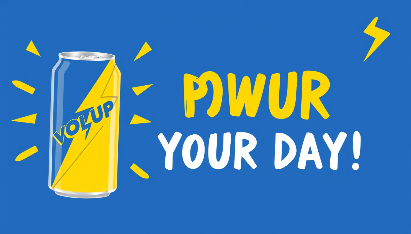 Main art studio: Create a simple **PowerPoint-style energy drink ad** for **VOLTUP**. Use blue and yellow, a drink can, lightning shapes, and the text **“POWER YOUR DA