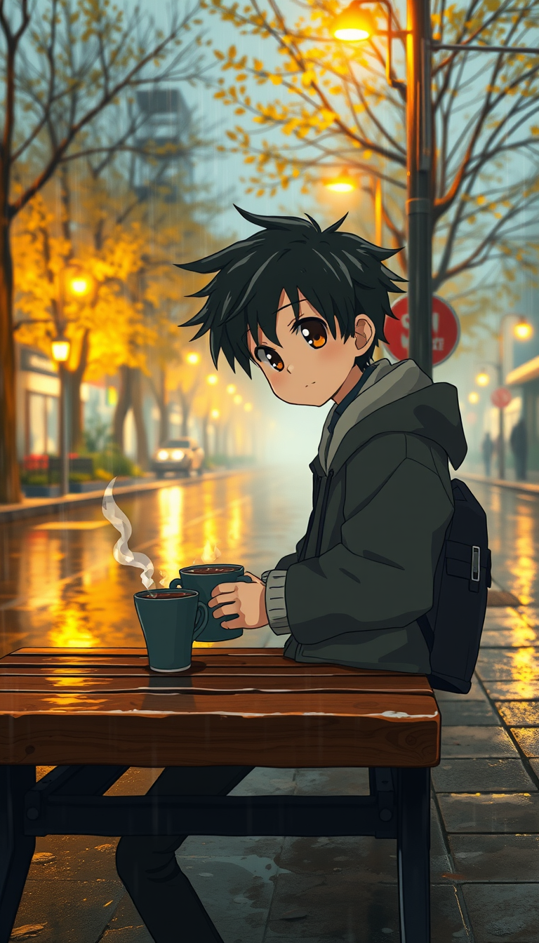 Main art studio: Japanese anime movie style, emotional cinematic scene, vertical 9:16. A young Japanese boy sits alone on an old wooden bench on a rainy evening. Messy