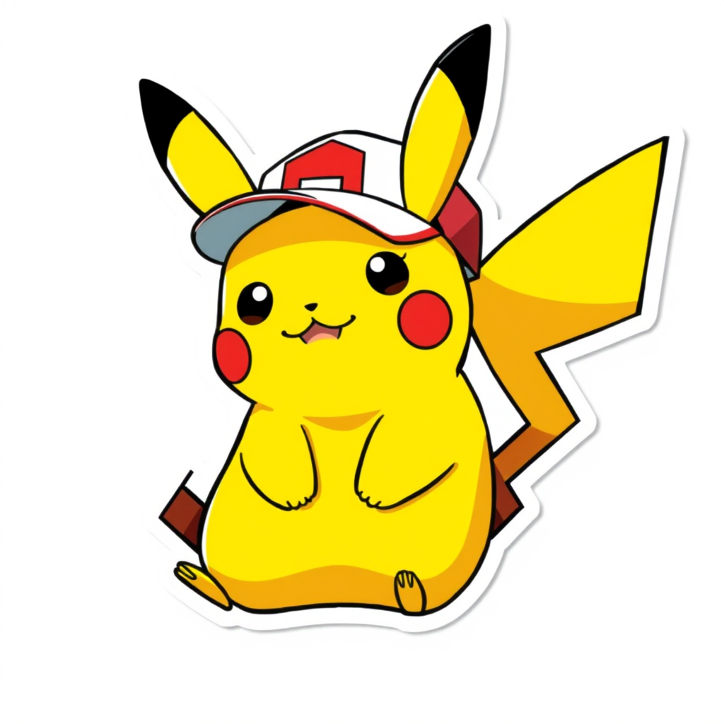 Stickers idea: custom sticker art, bold outline, isolated subject, vibrant color, kawaii or cartoon style, Create a sticker of Pikachu with Ash Ketchum cap , die-cut