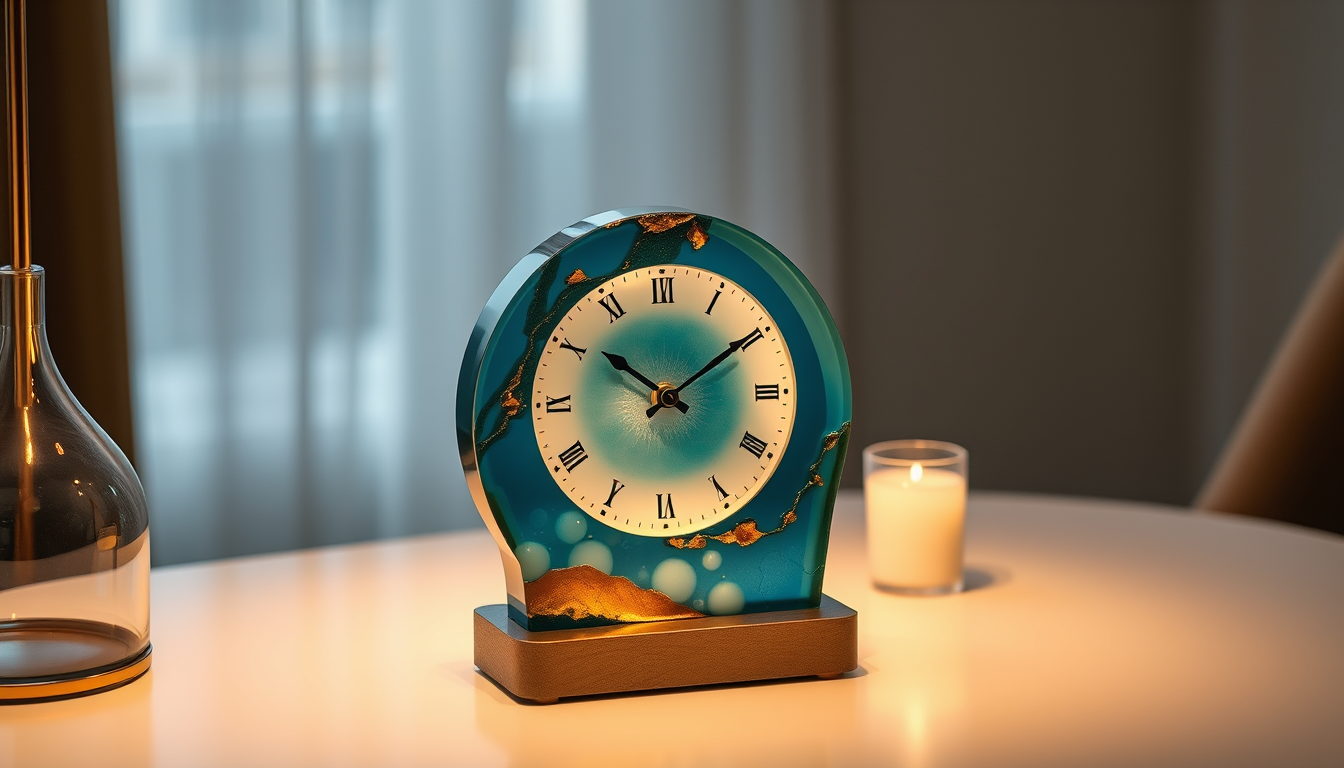 Main art studio: A luxurious handmade resin clock as a unique gift, elegant ocean-inspired blue resin with subtle gold details, beautifully styled on a minimal table, 