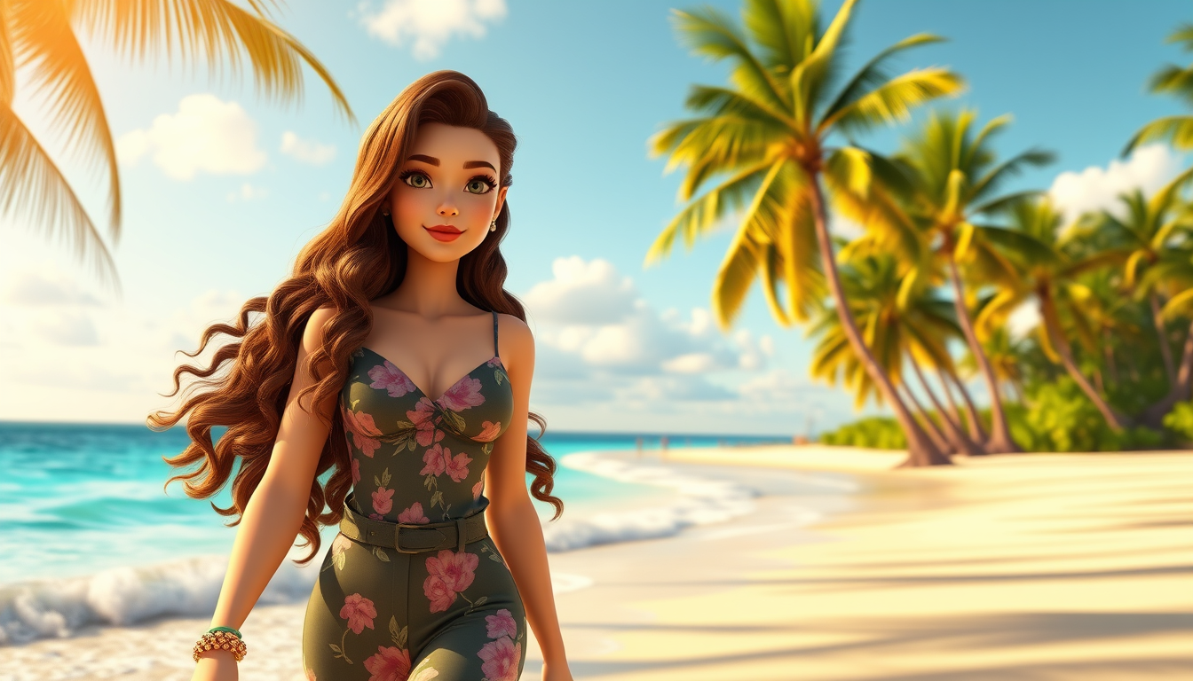 Main art studio: Chloe in Hawaii, walking along a beautiful tropical beach. Long brunette curly-wavy hair, fair complexion, stylish luxury-inspired outfit, confident a