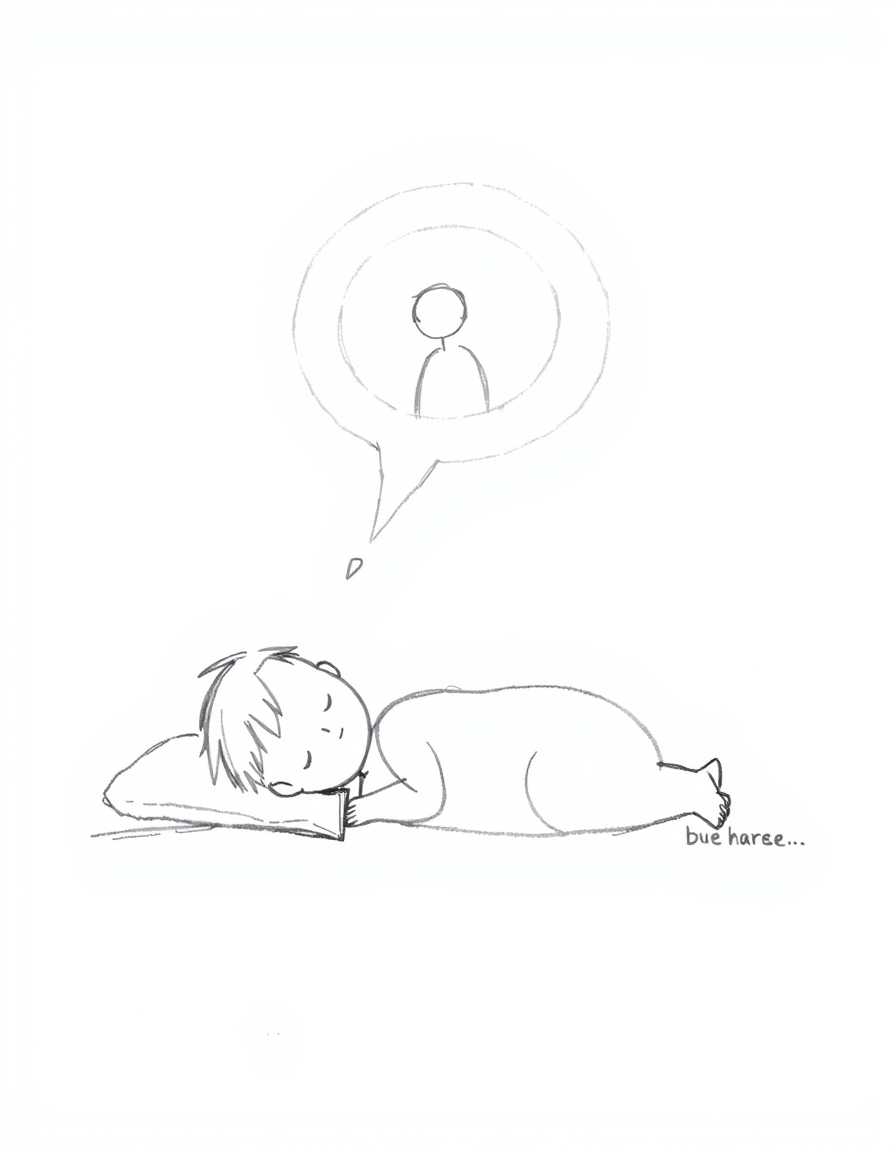 Main art studio: Minimalist black and white pencil sketch of a sleeping person lying peacefully, with a soft dream bubble above their head. Inside the dream bubble, a