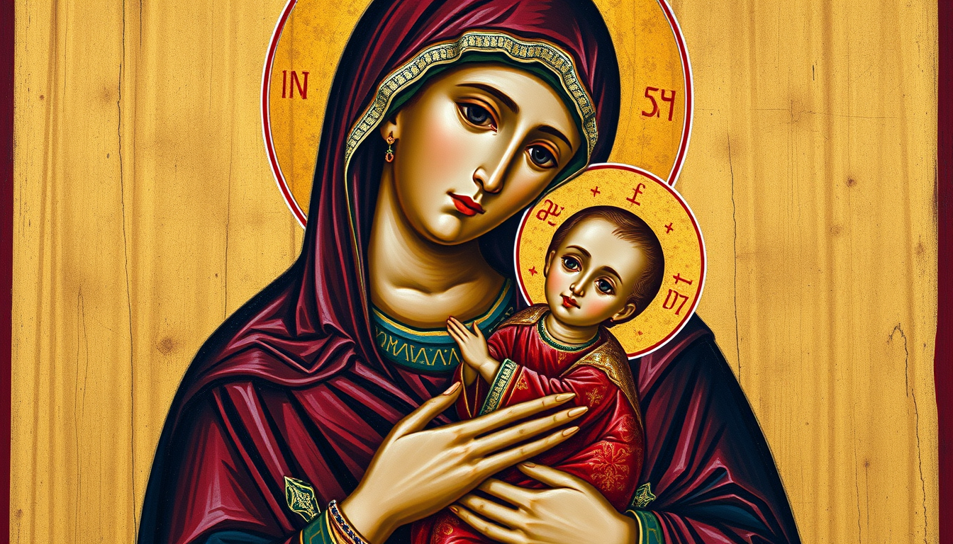 Main art studio: Traditional Romanian Orthodox icon of the Virgin Mary holding baby Jesus in her arms, Byzantine iconography, solemn and gentle expressions, richly det