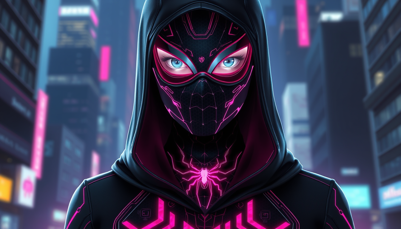 Main art studio: Teenage girl in a sleek, fully covered black hooded suit with a black full face mask. glowing magenta futuristic circuitry patterns and glitch fragmen