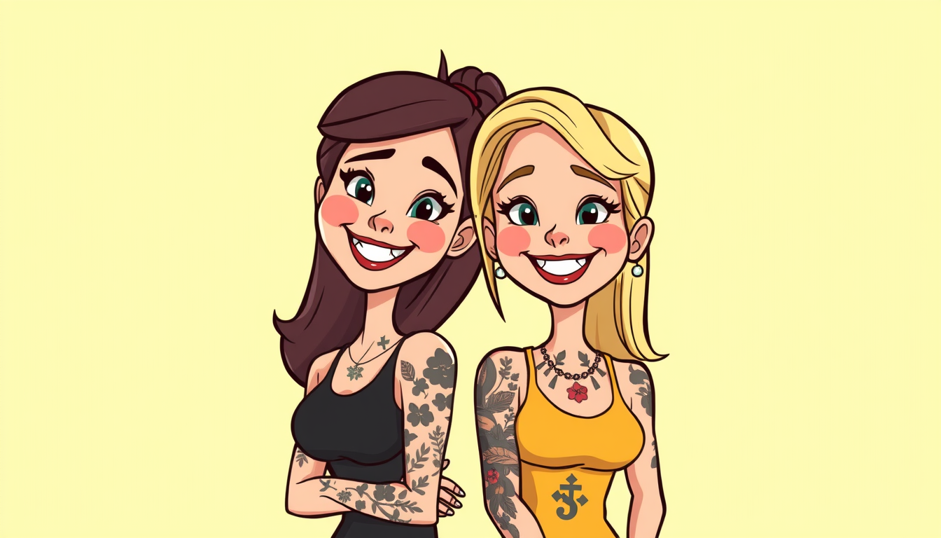 Photo To Cartoon idea: cartoon style portrait from the photo, bold outlines, flat shading, playful proportions, Freundinnen seit vielen jahren. Blondine kräftigere figur, ro