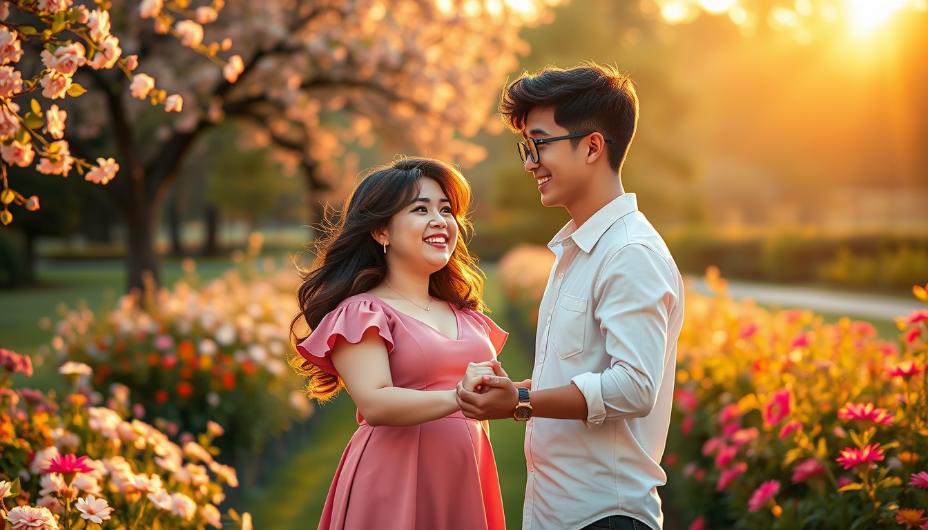 Main art studio: romantic portrait of a happy young couple in a beautiful park at golden hour. The woman is chubby with fair skin, wearing a pink dress and smiling war