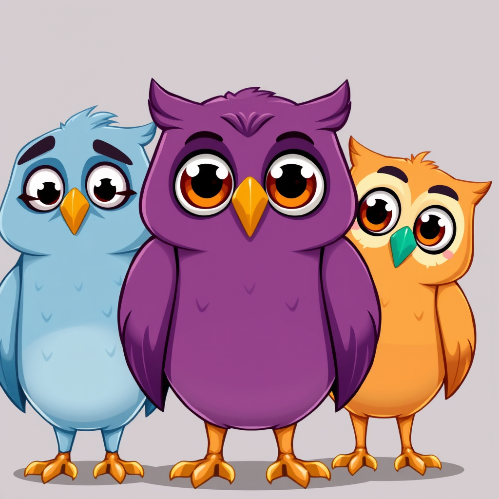 Main art studio: Exactly three cute cartoon owls with identical beak shape and size. All eyes fully open, clearly visible and lively. Left blue-gray: body forward, hea