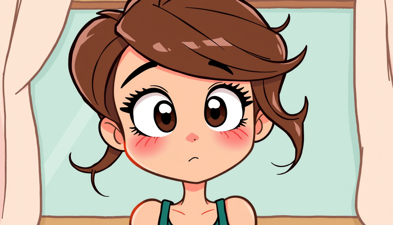 Main art studio: Charming brunette, messy waves, big eyes, sitcom cartoon