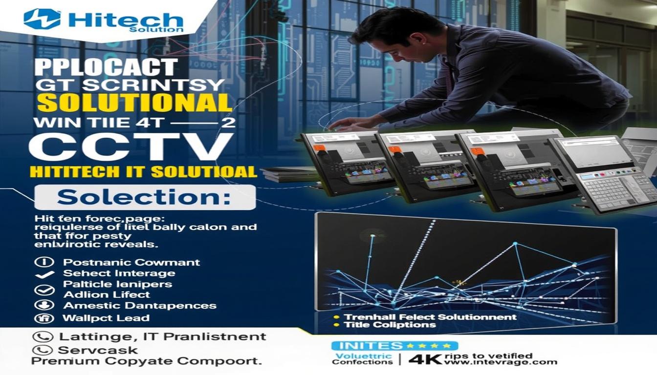 Main art studio: A cinematic aerial reveal of the Hitech IT Solution promotional poster. The camera slowly pushes toward the logo while blue digital particles and glow