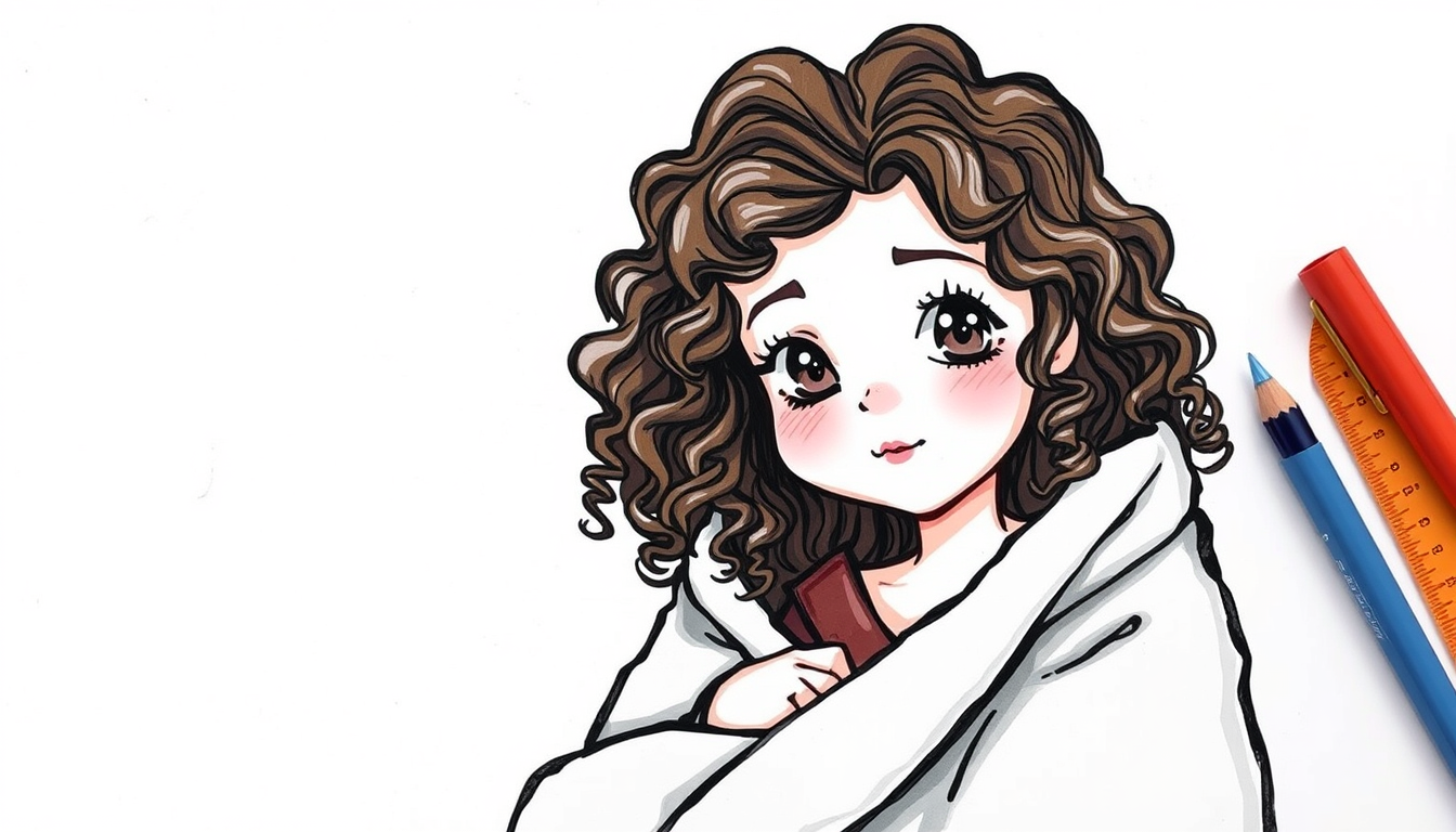 Main art studio: Draw a image of a girl with curly and dark brown hair. The girl is in a blanket, like a burrito