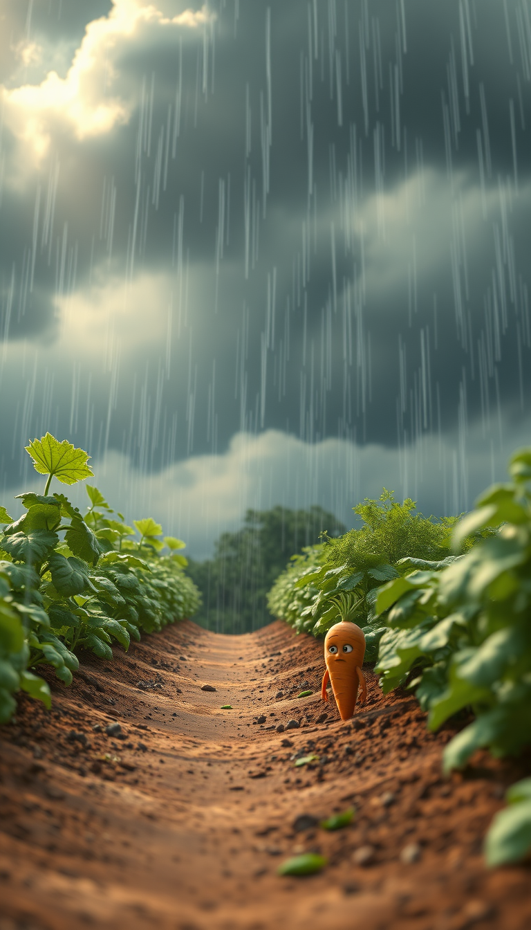 Main art studio: Beautiful vegetable garden suddenly covered by dark storm clouds, strong wind bending plants, rain beginning to fall, Gaju the small orange carrot loo
