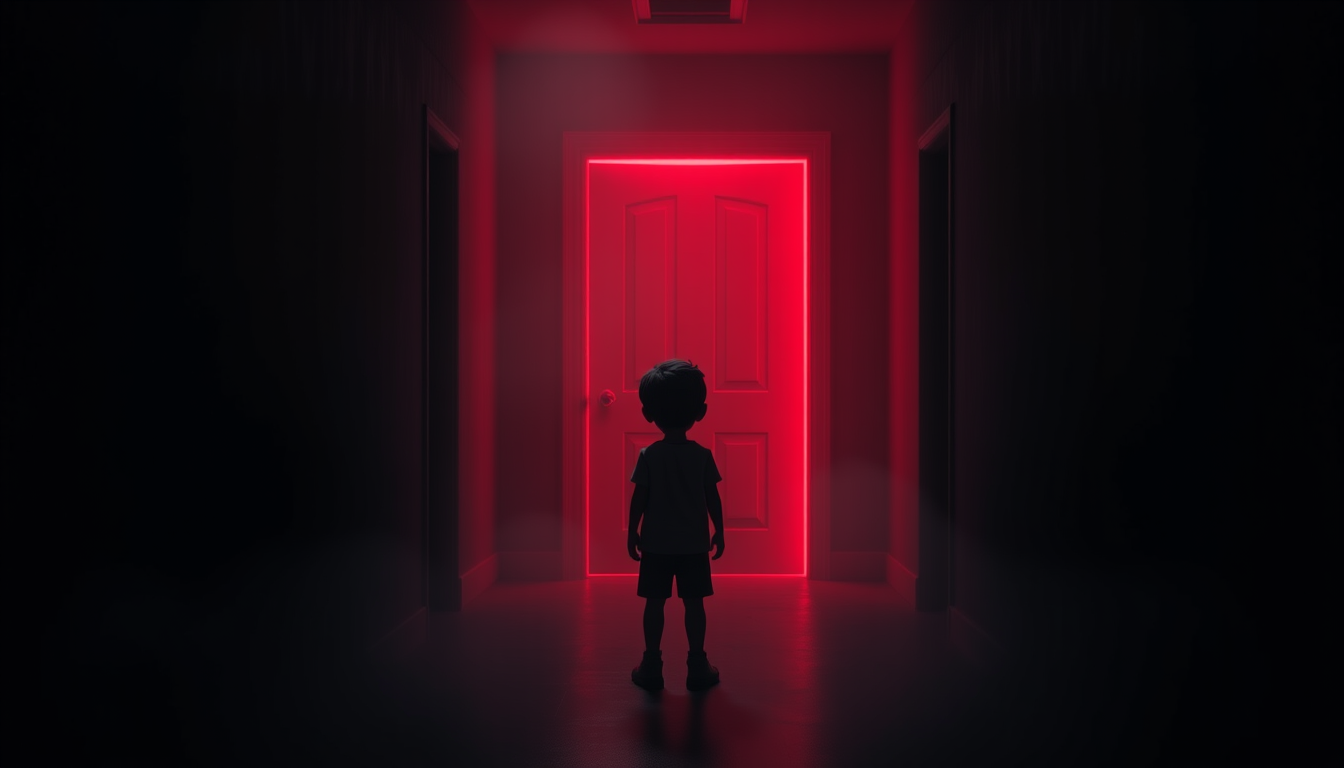 AI Art prompt example created from the prompt: A young boy standing in a dark hallway at night, looking at a mysterious glowing red door, cinematic 3D animated movie style, dramatic light