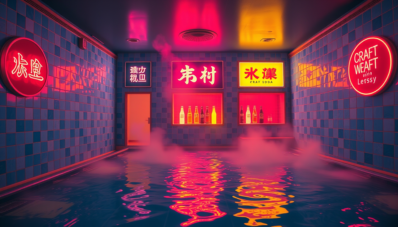 Main art studio: Cinematic editorial photograph of a contemporary Japanese public bathhouse inspired by Showa-era design, geometric blue and pastel tiles, vivid neon r