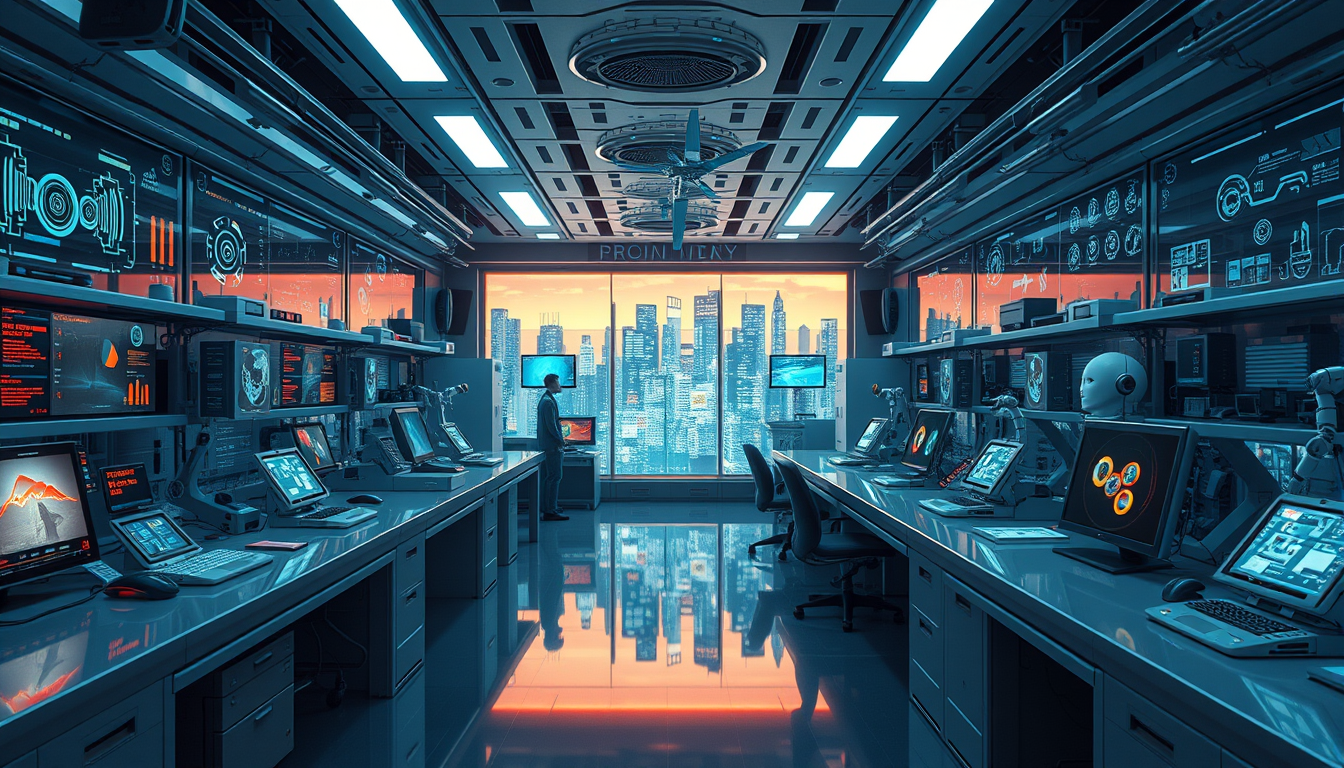 Main art studio: Futuristic technology laboratory with artificial intelligence graphics, robots, digital interfaces, satellites and futuristic city technology, highly 