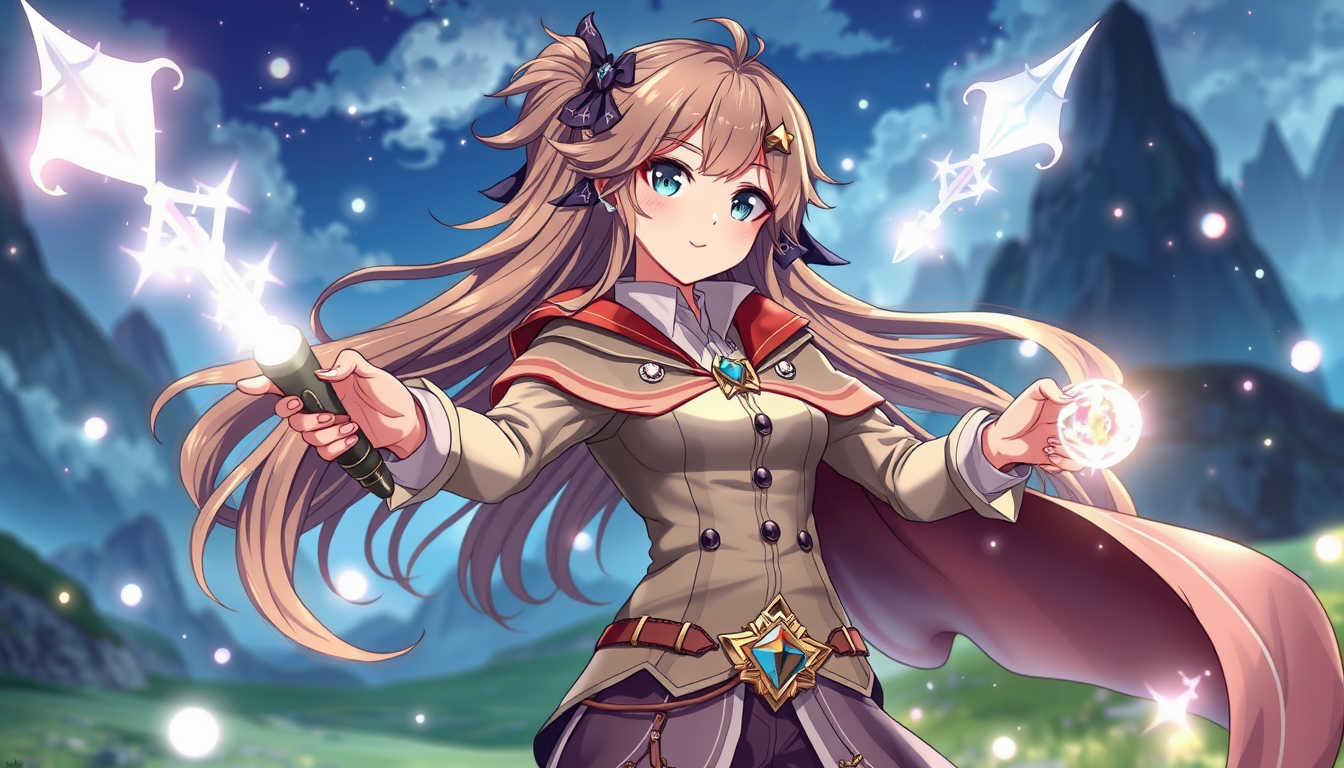 Main art studio: Eine 18-jährige Anime-Magierin mit langen, wallenden Haaren, funkelnden Augen und elegantem Zauberstab. Sie trägt ein detailreiches Magier-Outfit mit