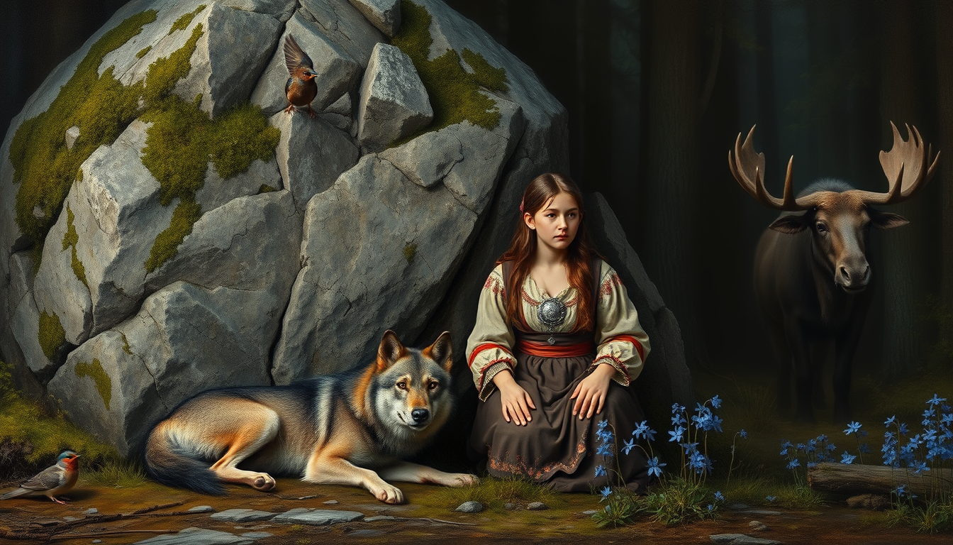 Main art studio: A dramatic chiaroscuro oil painting of an ancient Estonian fairytale. A brave young woman in traditional folk clothing and a large silver breast brooc