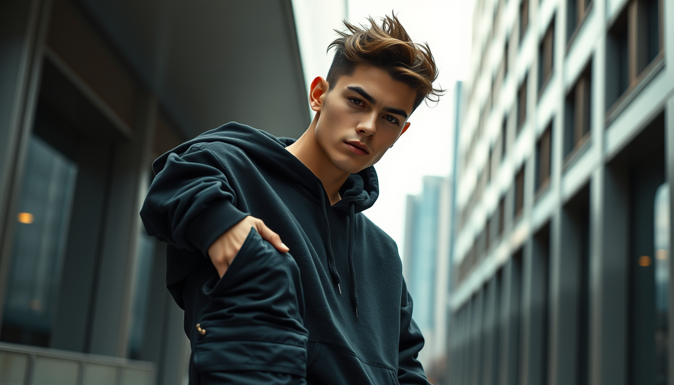 AI Art prompt example created from the prompt: Ultra-realistic luxury streetwear fashion campaign, young male model wearing a black oversized hoodie and cargo pants, premium clothing bran