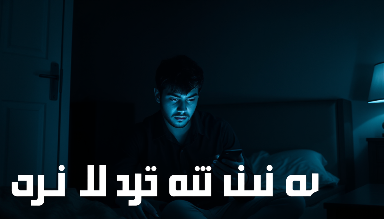 Main art studio: Ultra-realistic cinematic psychological scene, adult young man sitting alone in a dark bedroom at night, staring anxiously at a smartphone waiting for