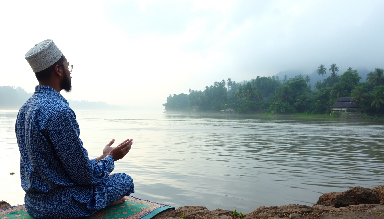Main art studio: a man who makes namaz praying muslim by the amazon river in the cloudy morning