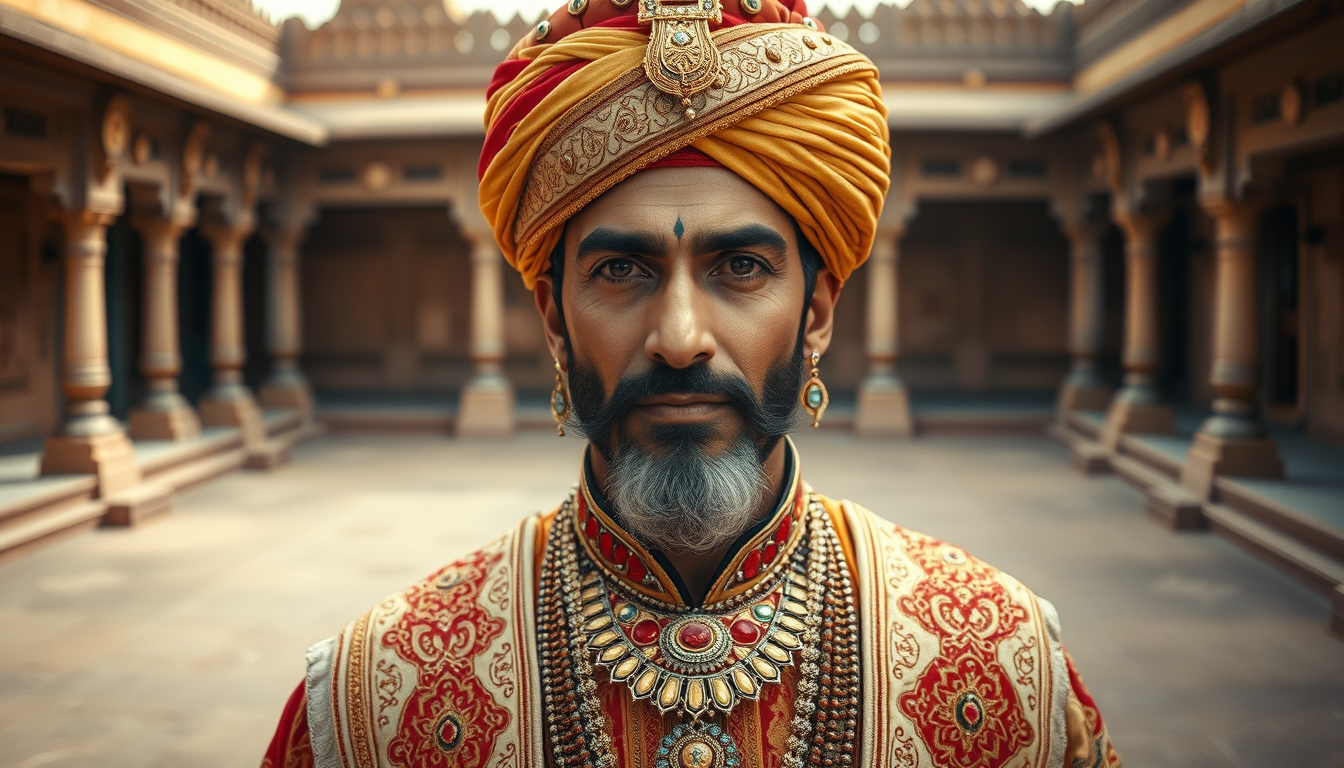 Main art studio: Historically inspired portrait of Raja Madho Singh, Rajput nobleman of 16th century Rajasthan, traditional royal turban, embroidered royal clothing, a