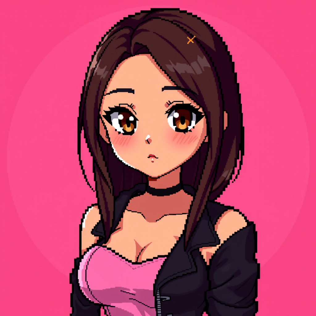 Anime idea: anime style, vibrant colors, expressive eyes, Create a pixel art character inspired by Tyla, featuring her signature look, long dark brown hair, warm 