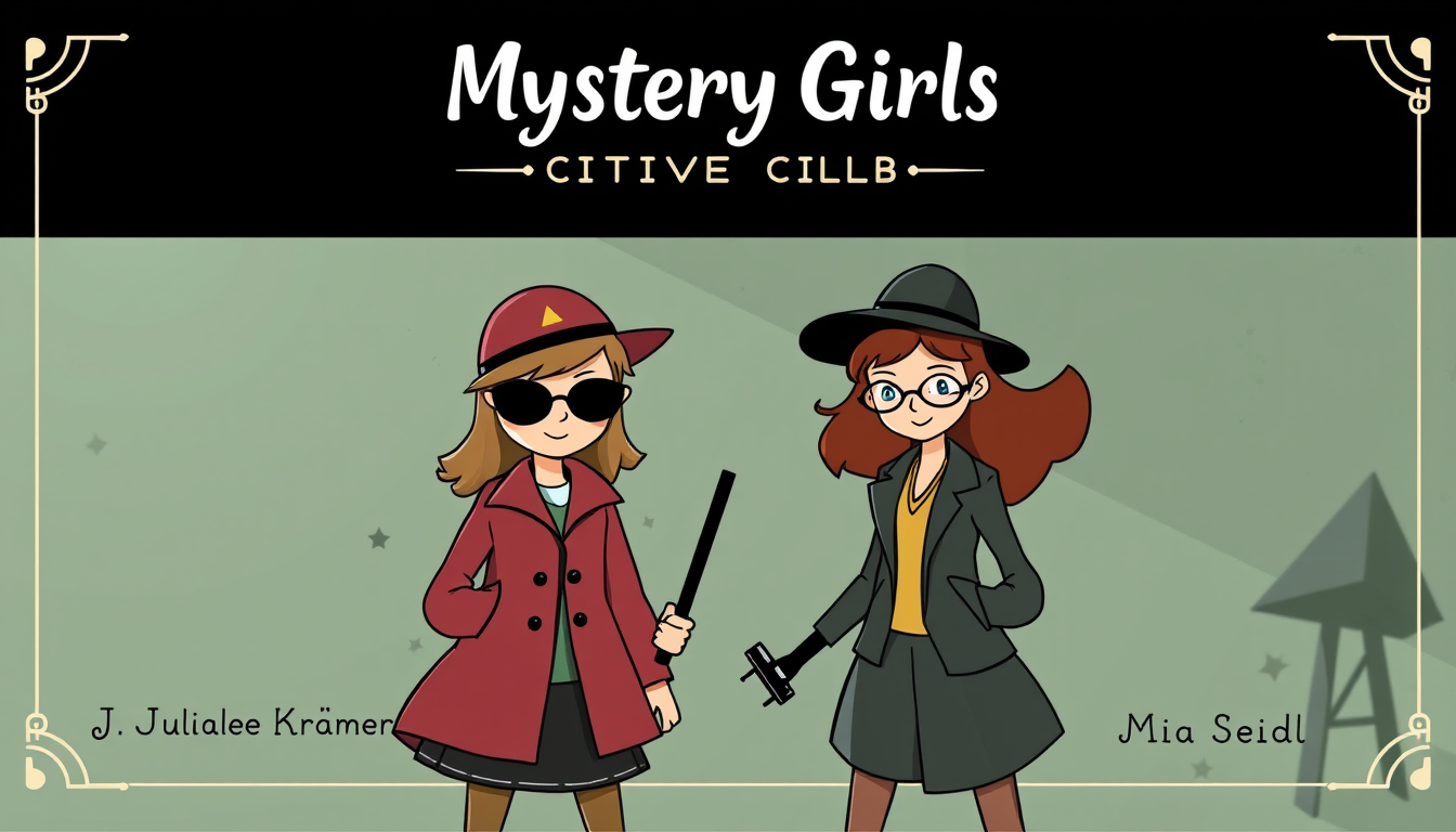 Main art studio: Create a business card for a detective club called "Mystery Girls," featuring the three girls: Juliane Krämer, Lara Kronberg, and Mia Seidl.