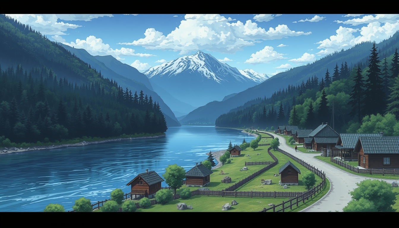 Main art studio: Anime style. A river flows among forested mountains. Along the river is a road, and along the road are wooden huts of various colors, surrounded by a