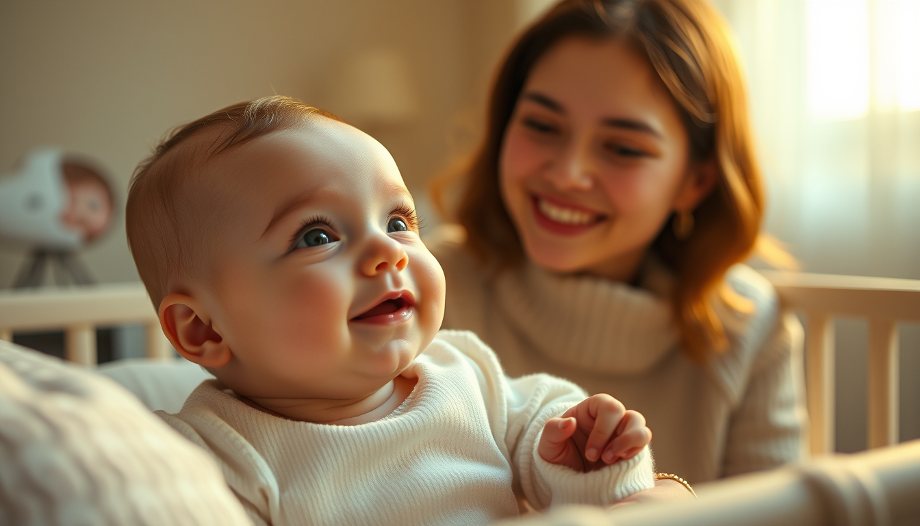 Main art studio: Adorable baby slowly opening beautiful innocent eyes and smiling at mother, mother sitting beside the cradle with a loving smile, warm golden night li