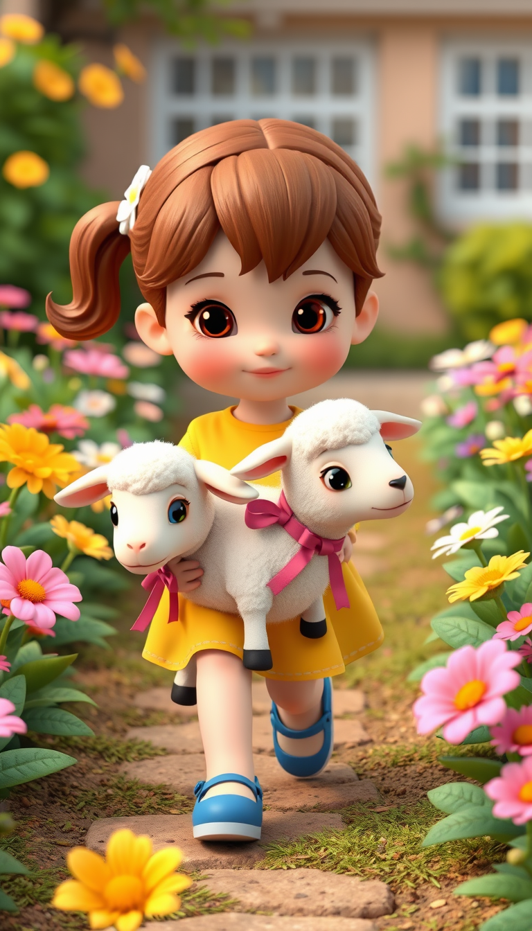 Main art studio: Cute little girl with brown hair, wearing a yellow dress and blue shoes, with a fluffy white lamb with a pink ribbon around its neck, adorable 3D chil