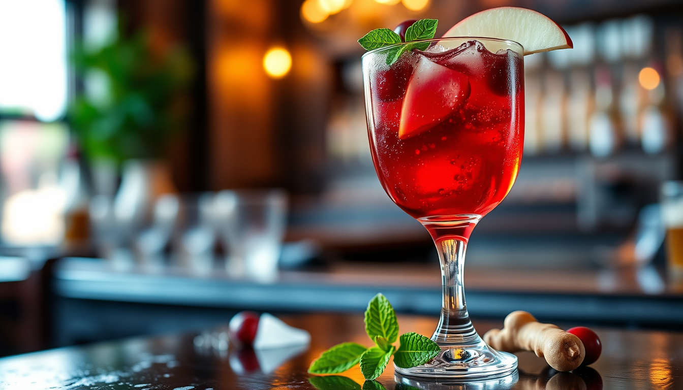 Main art studio: A realistic Irish-American fusion mocktail in an elegant glass, combining American apple and cranberry flavors with traditional Irish elements like gi