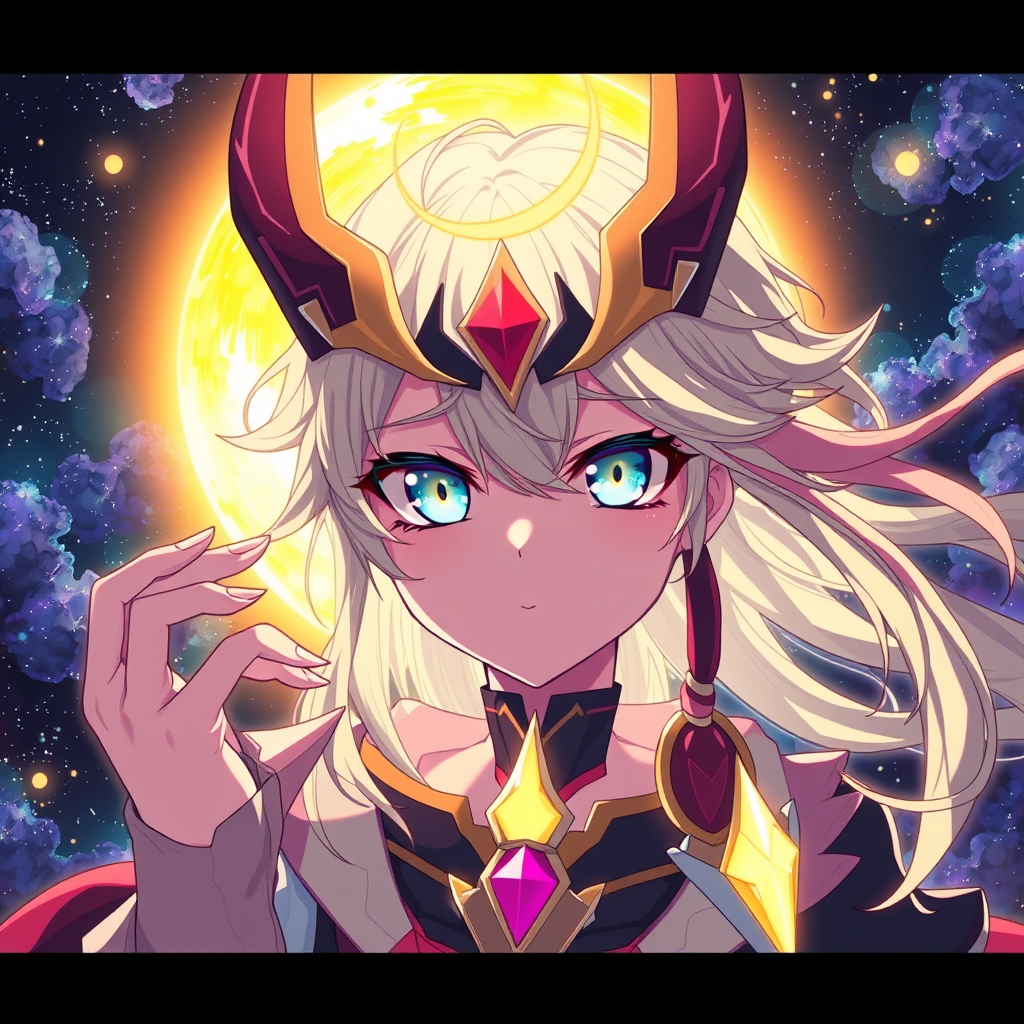 Anime idea: anime style, vibrant colors, expressive eyes, Melange divinité inconnue du genshin impact syndrome de genshin impact la lune dans le style d une ecpli