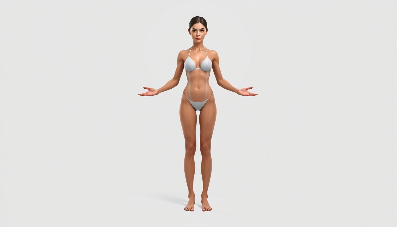 Main art studio: Adult woman, full body, complete body visible from head to feet, front view, standing straight in a relaxed A-pose, arms slightly away from the body, 
