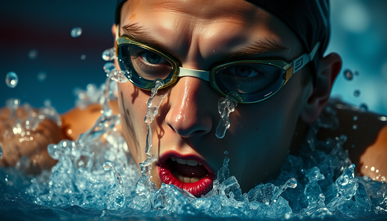 Main art studio: Ultra cinematic realistic close-up of an elite Olympic swimmer during an intense race, water splashing across his face and goggles, extreme concentrat