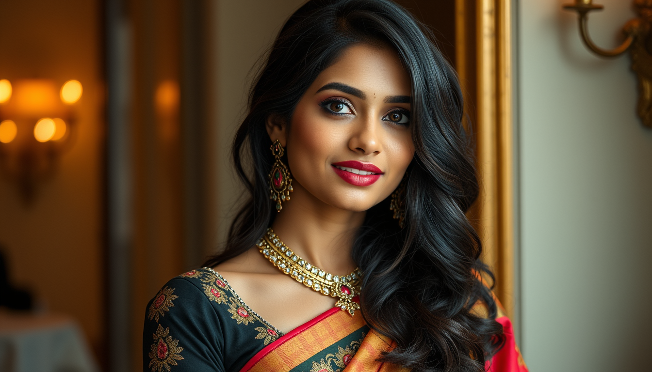 Main art studio: She is a confident, graceful, and captivating 28-year-old adult Bengali woman with a bold, glamorous personality. She is warm-hearted, intelligent, pl